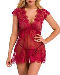 Sexy Sheer Lace Deep V-Neck Cut-Out Babydoll Nightgown