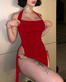 Sexy Halter High-Slit Bodycon Dress with Metal Ring Detail