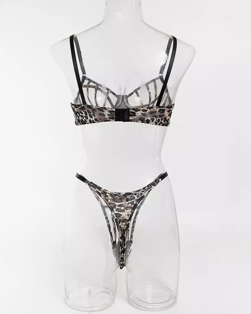 Sexy Leopard Print Cutout Sheer Mesh Lingerie Set