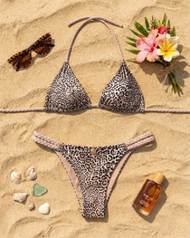 Color-Block Print Bikini Swimsuit with Braided Straps