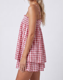 Breathable Plaid Cotton Linen Camisole Shorts Pajama Set