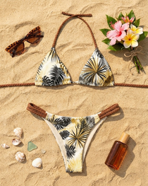 Color-Block Print Bikini Swimsuit with Braided Straps
