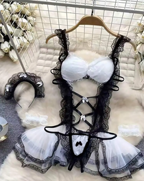Sexy Maid Style Lace Trim Hollow-Out Bodysuit