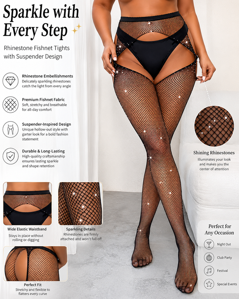 3-Pack Rhinestone-Embellished Open-Crotch Cutout Fishnet Stockings