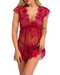 Sexy Sheer Lace Deep V-Neck Cut-Out Babydoll Nightgown