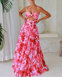 Cutout Flower Print One Piece Swimsuit and Skirt Flaxmaker