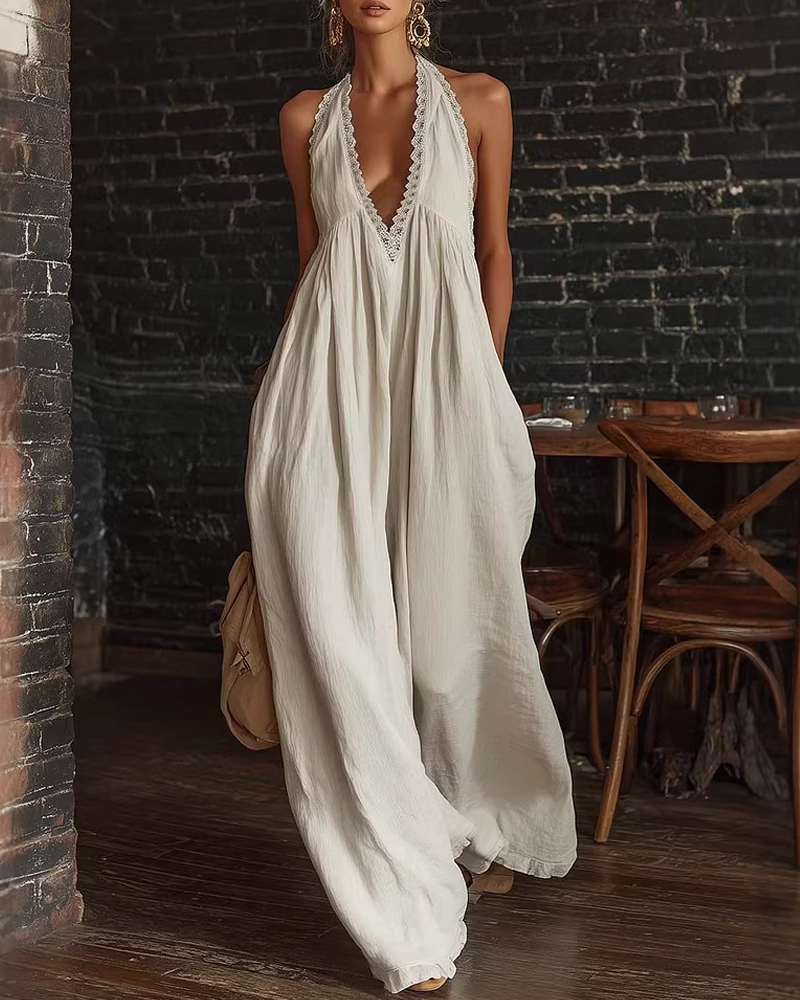 Elegant Casual Loose Linen Jumpsuit with Lace Trim Main image