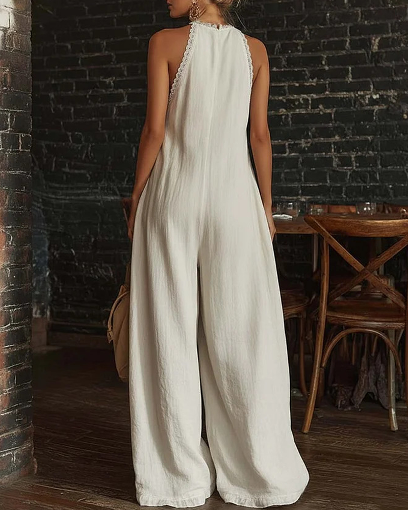 Elegant Casual Loose Linen Jumpsuit with Lace Trim Secondary image