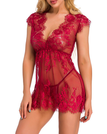 Sexy Sheer Lace Deep V-Neck Cut-Out Babydoll Nightgown