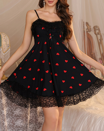 Lace-Trimmed Cotton Heart Print Lounge Nightdress