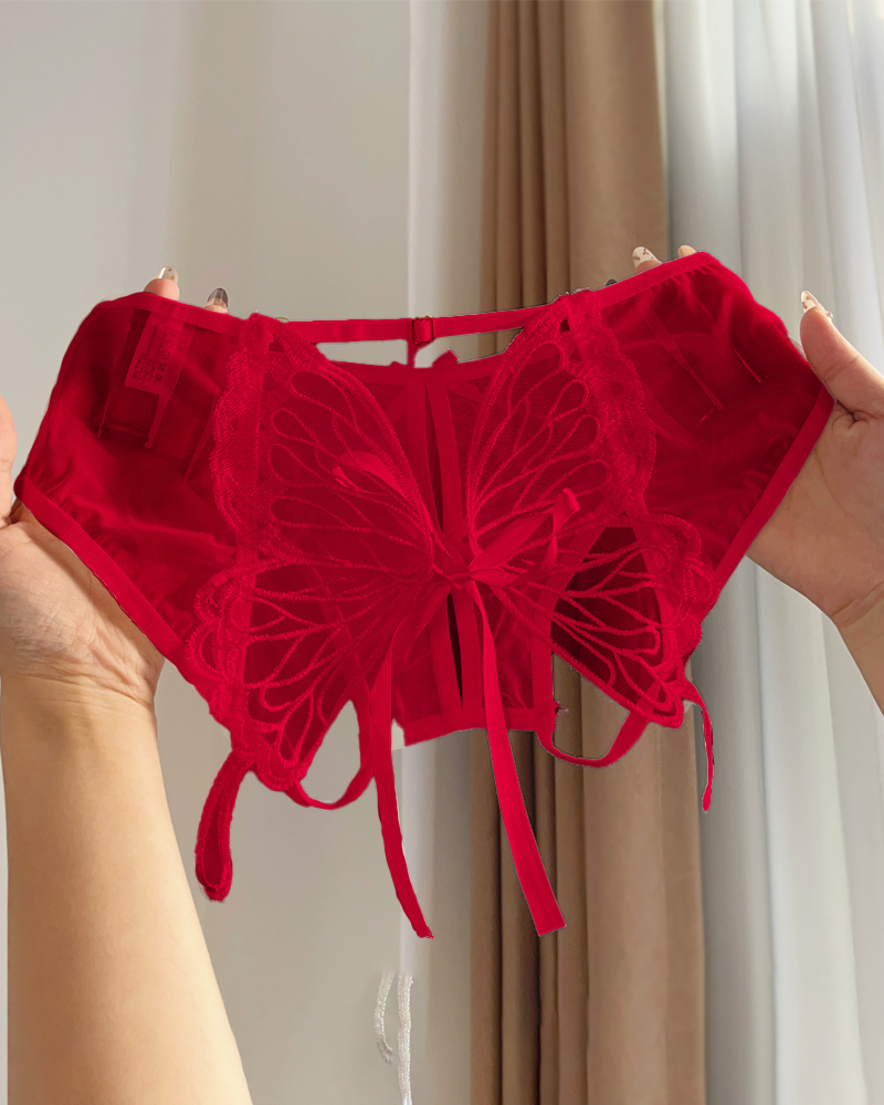 Low-Waist Butterfly Bow Lace Mesh Thong Panty Secondary image
