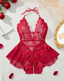 Sexy Lace Open-Crotch Halter Bodysuit