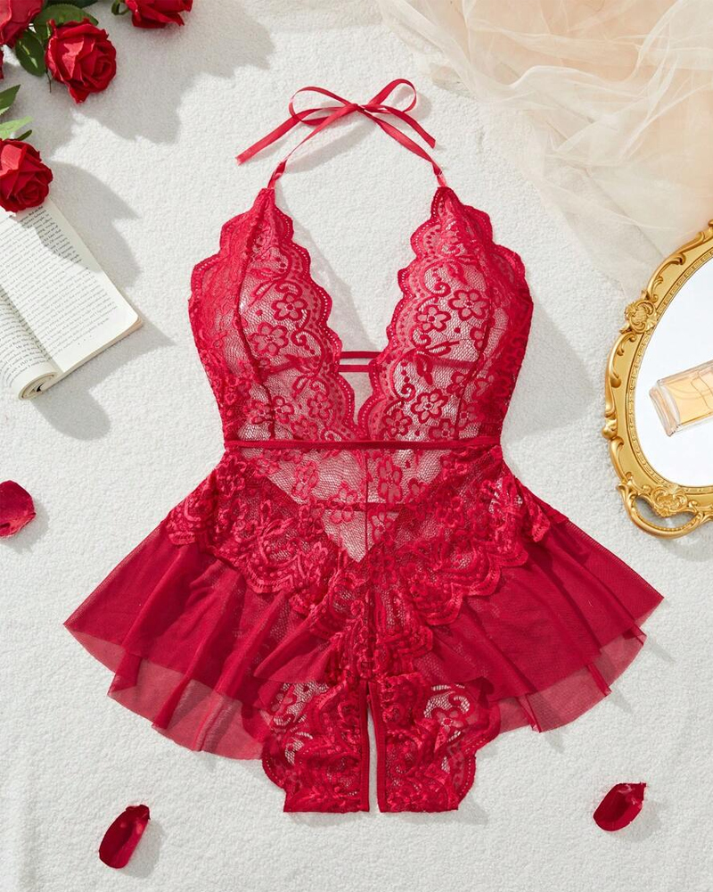 Sexy Lace Open-Crotch Halter Bodysuit