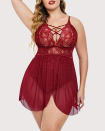 Plus Size Sexy Lace Teddy with Crisscross Front Straps