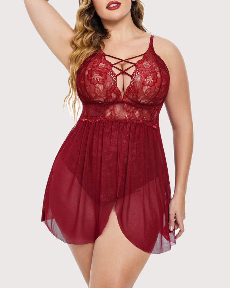 Plus Size Sexy Lace Teddy with Crisscross Front Straps