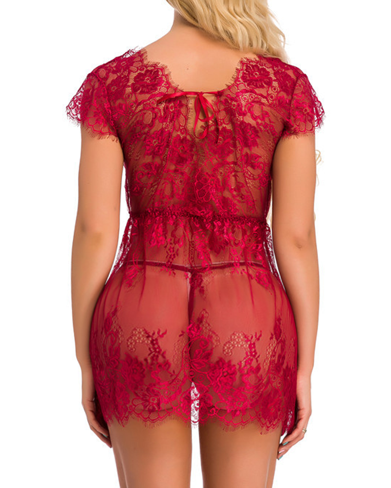 Sexy Sheer Lace Deep V-Neck Cut-Out Babydoll Nightgown