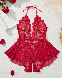 Sexy Lace Open-Crotch Halter Bodysuit