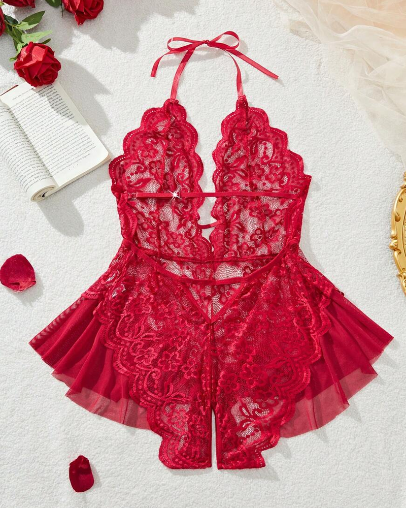 Sexy Lace Open-Crotch Halter Bodysuit