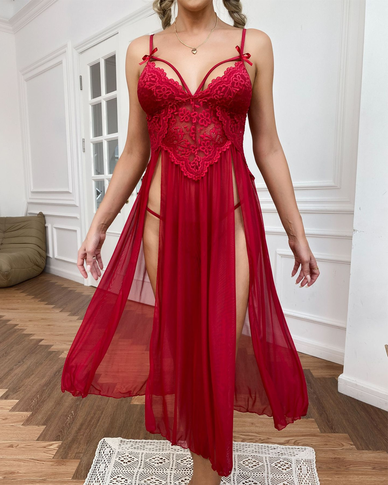 Sexy Sheer Mesh Deep V-Neck Lace Side Slit Slip Dress Main image
