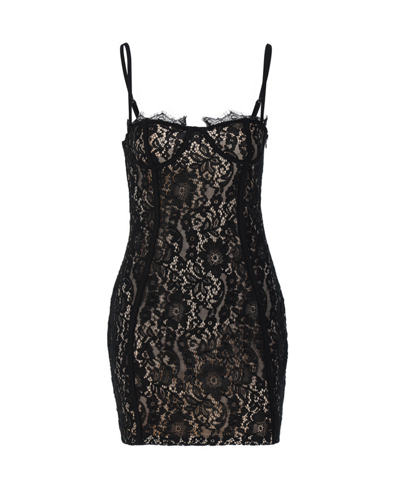 Sexy Black Sheer Lace Trim Bodycon Mini Dress
