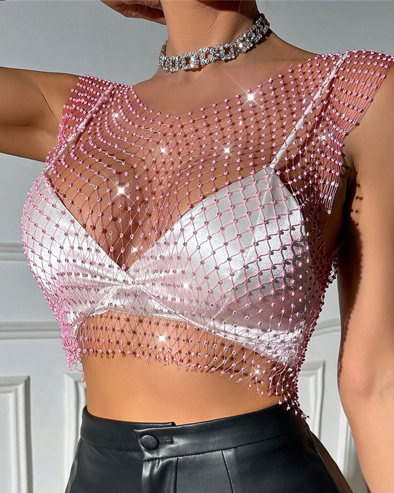 Sexy Sheer Rhinestone Fishnet Tank Top
