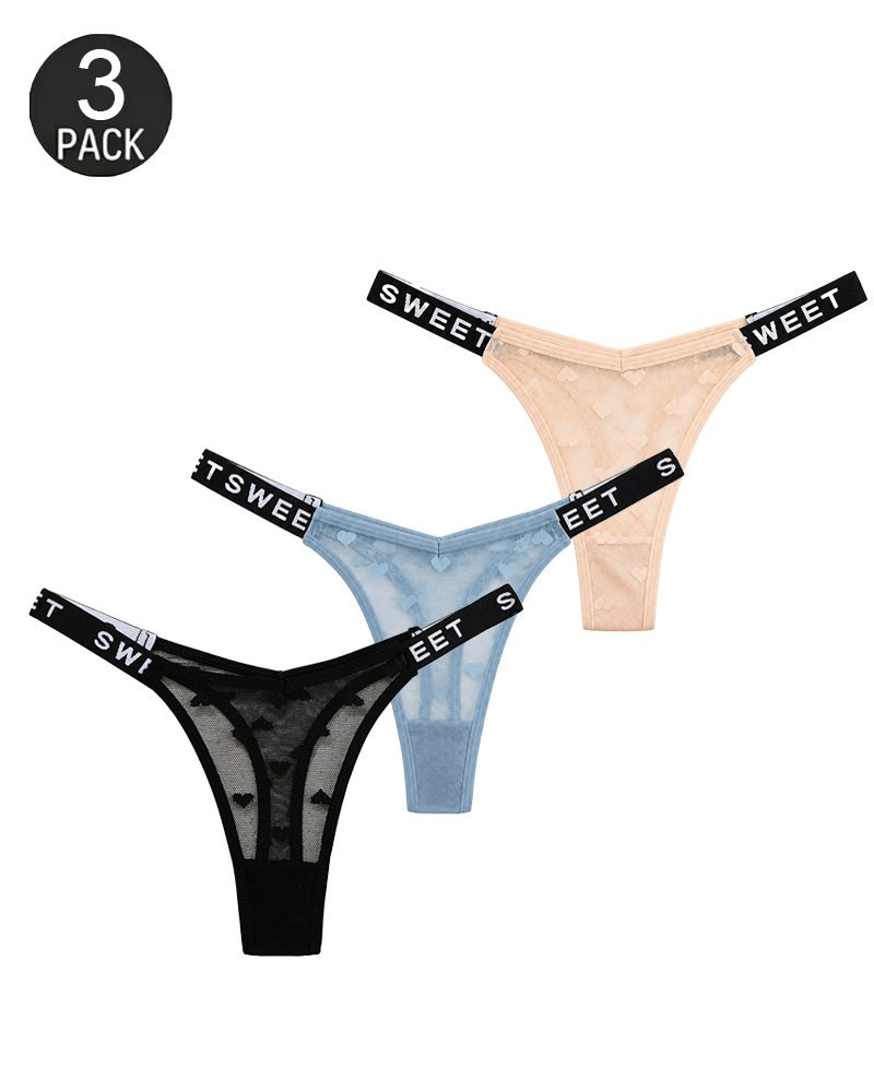 Sexy Heart Lace Thong Panties 3-Pack