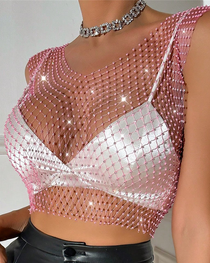 Sexy Sheer Rhinestone Fishnet Tank Top
