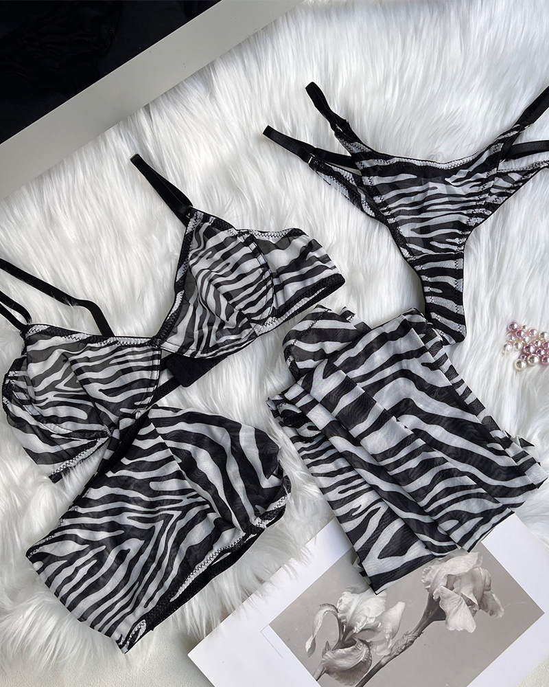Sexy Zebra Print 4-Piece Lingerie Set