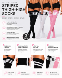 3-Pack Cotton Fashion Striped Thigh-High Socks