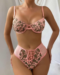 3D Rose Embroidery Strappy Lingerie Set