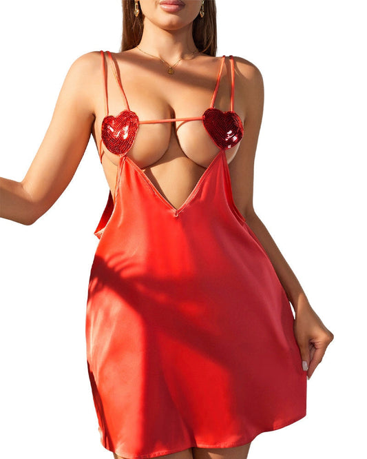 Sexy satin lingerie dress with sequin nipple decoration