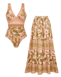 V Neck Mesh Splicing Print Swimsuit Set