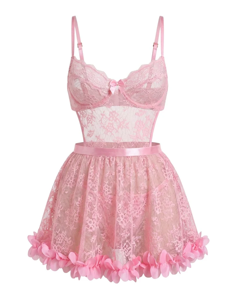 Sexy Sheer Lace Backless Ruffle-Trim Babydoll Lingerie Dress