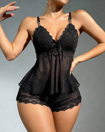 Sheer Mesh Lace Polka Dot Pajama Set