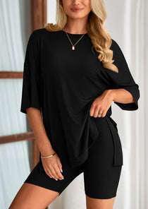 Women's Two-Piece Casual Sports Loose Shirt Cycling Shorts Suit