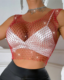 Sexy Sheer Rhinestone Fishnet Tank Top