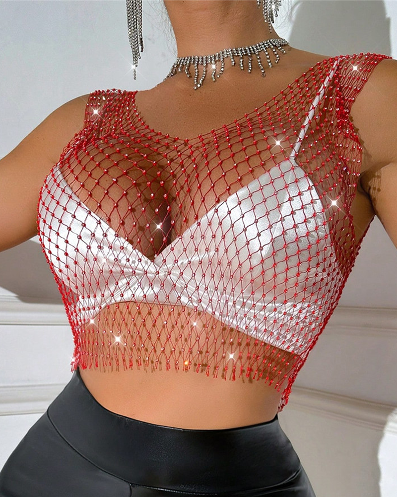 Sexy Sheer Rhinestone Fishnet Tank Top