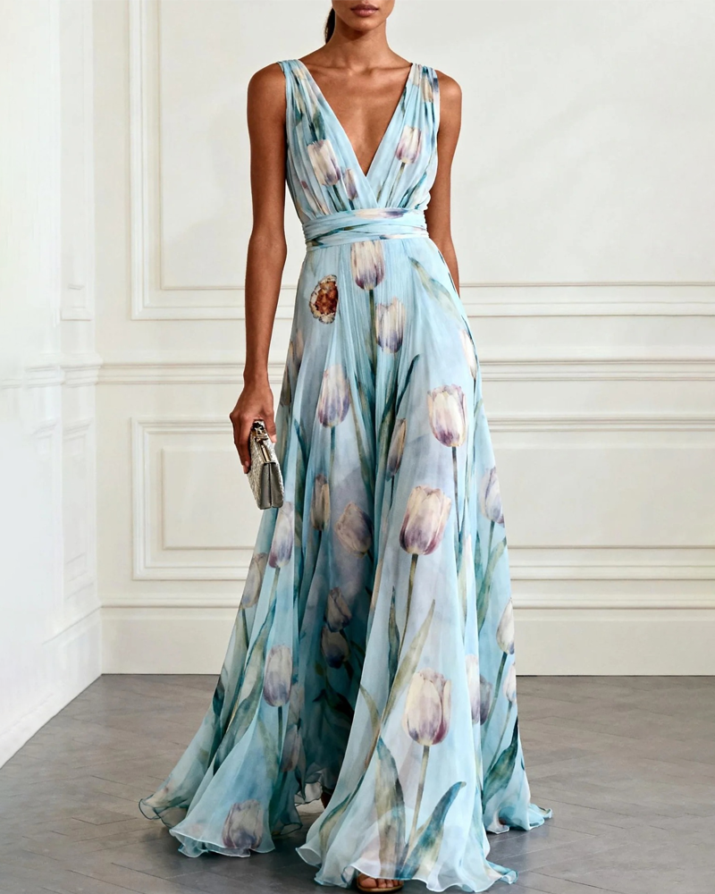 Tulip Print Chiffon Sleeveless V-Neck Maxi Dress Main image