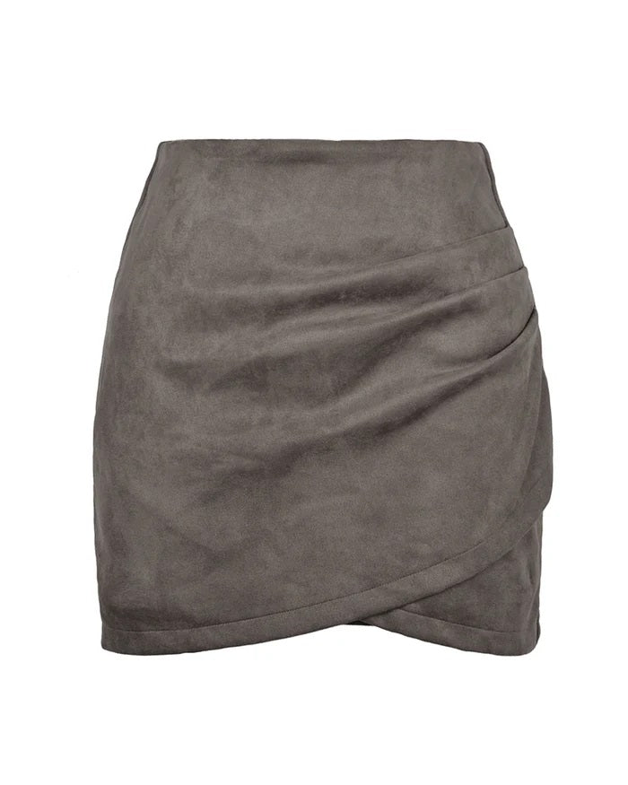 Suede Pleated Irregular Zipper Bodycon Mini Skirt