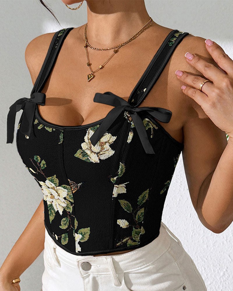 French Style Bow Lace-Up Floral Sexy Body Shaper Women's Sling Printed Slim-Fit Vest Corset Secondary image