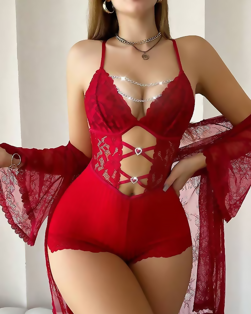 Front Closure Lace Strapless Bodysuit with Lace Robe Secondary image