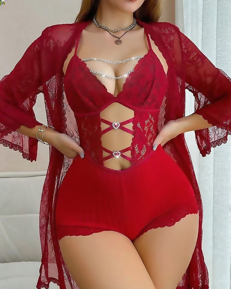 Front Closure Lace Strapless Bodysuit with Lace Robe Main image