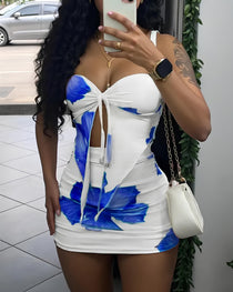 Beach Vacation Floral Print Strapless Top and Tight Skirt Set