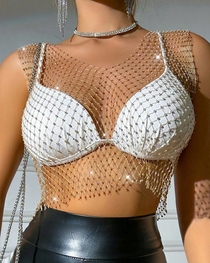 Sexy Sheer Rhinestone Fishnet Tank Top