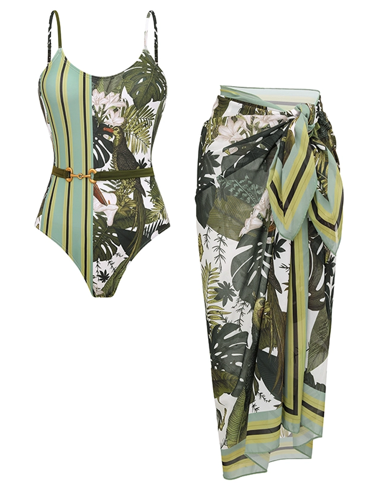 Adjustable shoulder straps Green Print Swimsuit Set