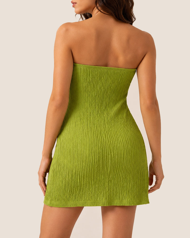Casual Textured Fabric Strapless Twisted Front Slit Top and Shorts Set