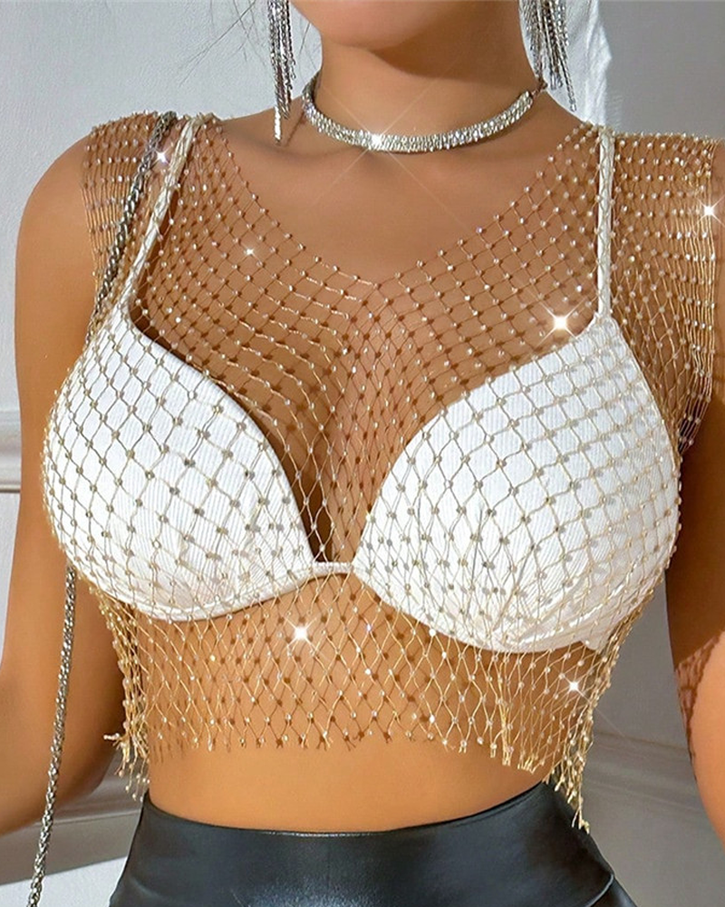 Sexy Sheer Rhinestone Fishnet Tank Top