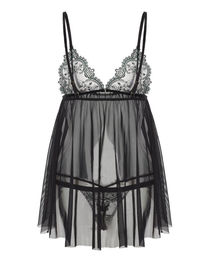 Embroidered Lace Open-Bust Hook Closure Sheer Babydoll Set
