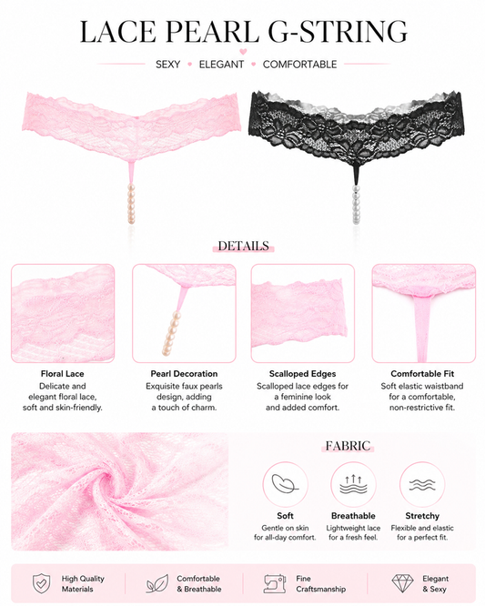 Pearl Decor See-Through Lace Thong