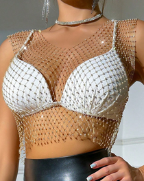 Sexy Sheer Rhinestone Fishnet Tank Top